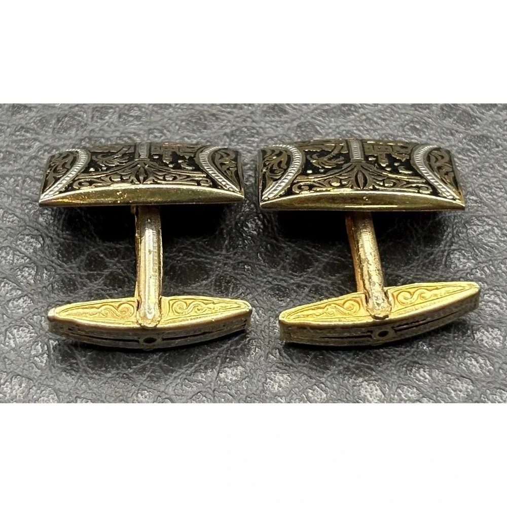 Vintage Damascene Gold Tone Ornate Rectangular Cufflinks Palace Palm Tree Moon